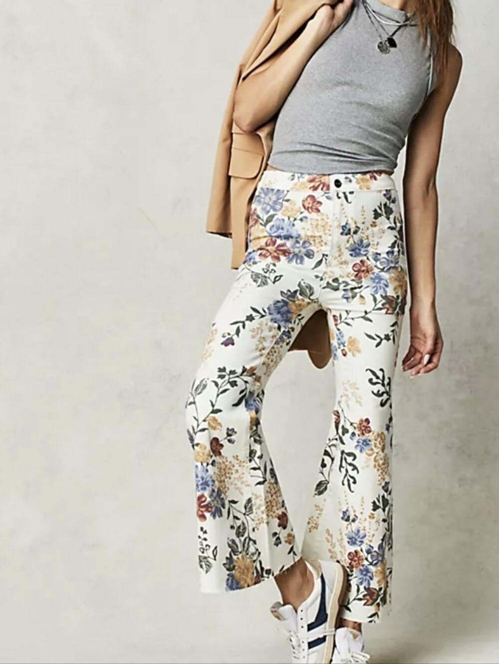 Free People Youthquake Floral Print Crop Flare Jeans Cream Size 32